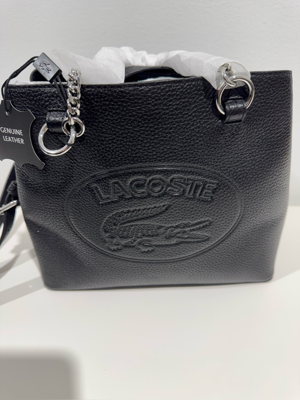 Lacoste Black Pebbled Leather Crossbody Bag with Embossed Logo